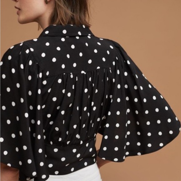 Anthropologie Maeve Canna Polka Dot Tie Waist Flutter Kimono Sleeve Blouse 6 - Picture 3 of 15
